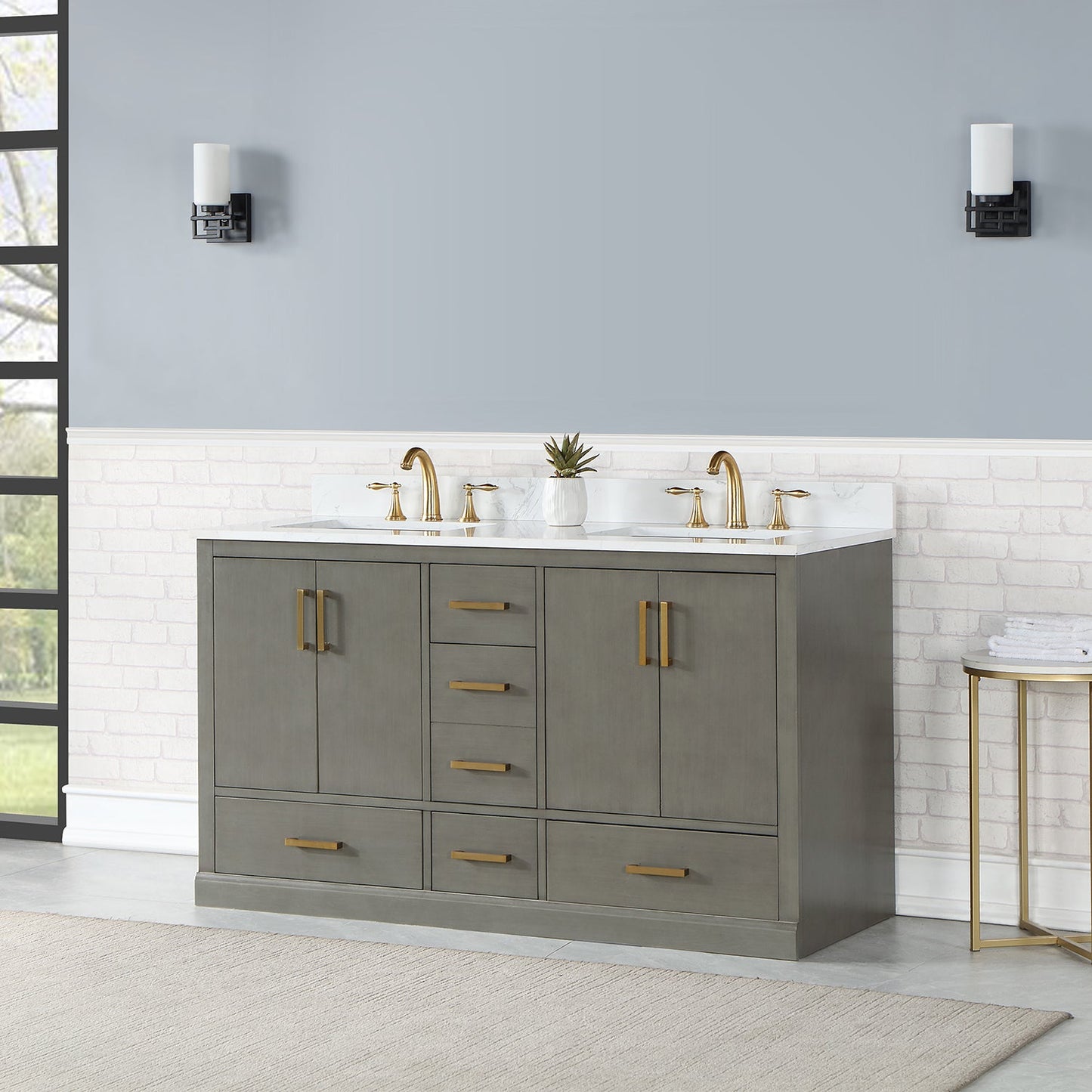 Monna 60" Double Bathroom Vanity Set in Gray Pine with Aosta White Engineered Stone Countertop without Mirror