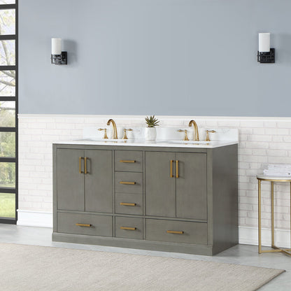 Monna 60" Double Bathroom Vanity Set in Gray Pine with Aosta White Engineered Stone Countertop without Mirror
