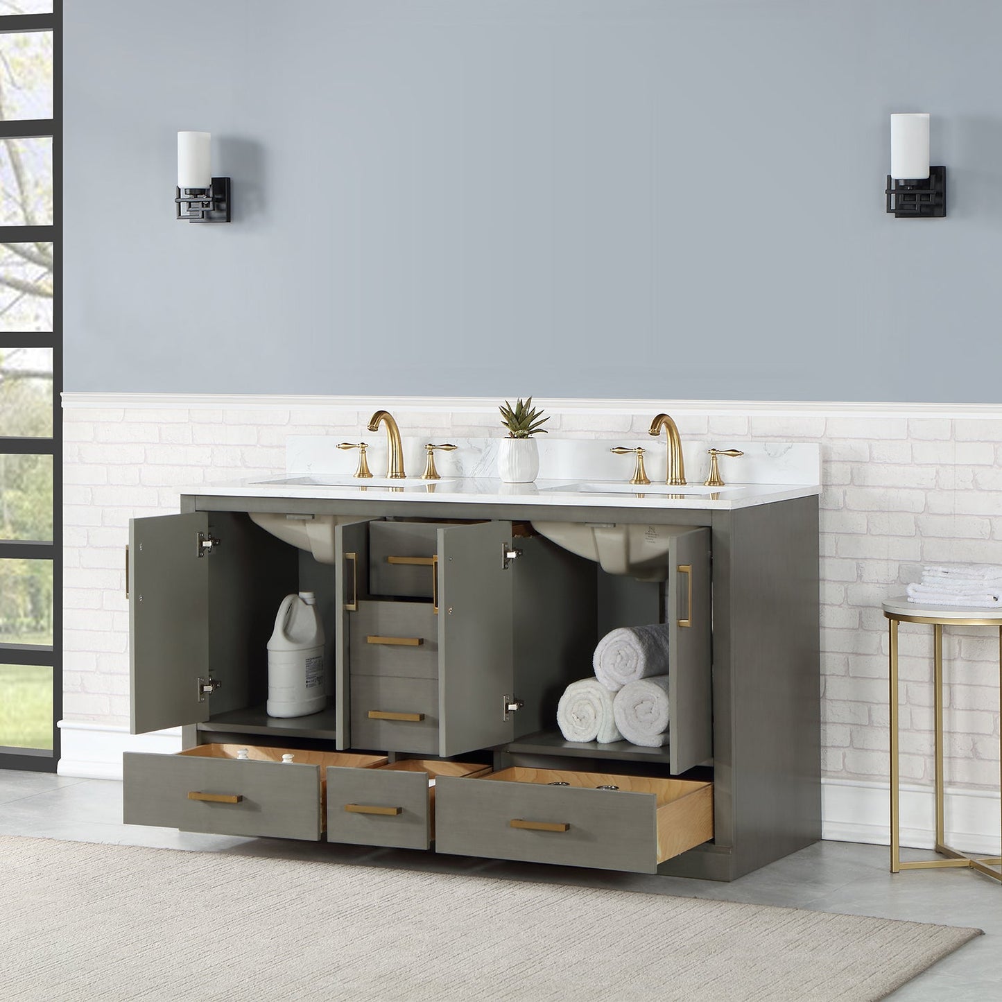 Monna 60" Double Bathroom Vanity Set in Gray Pine with Aosta White Engineered Stone Countertop without Mirror