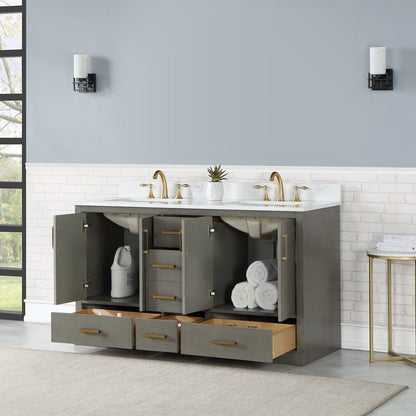Monna 60" Double Bathroom Vanity Set in Gray Pine with Aosta White Engineered Stone Countertop without Mirror