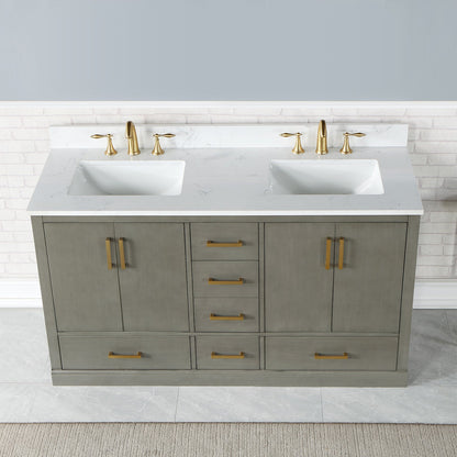 Monna 60" Double Bathroom Vanity Set in Gray Pine with Aosta White Engineered Stone Countertop without Mirror