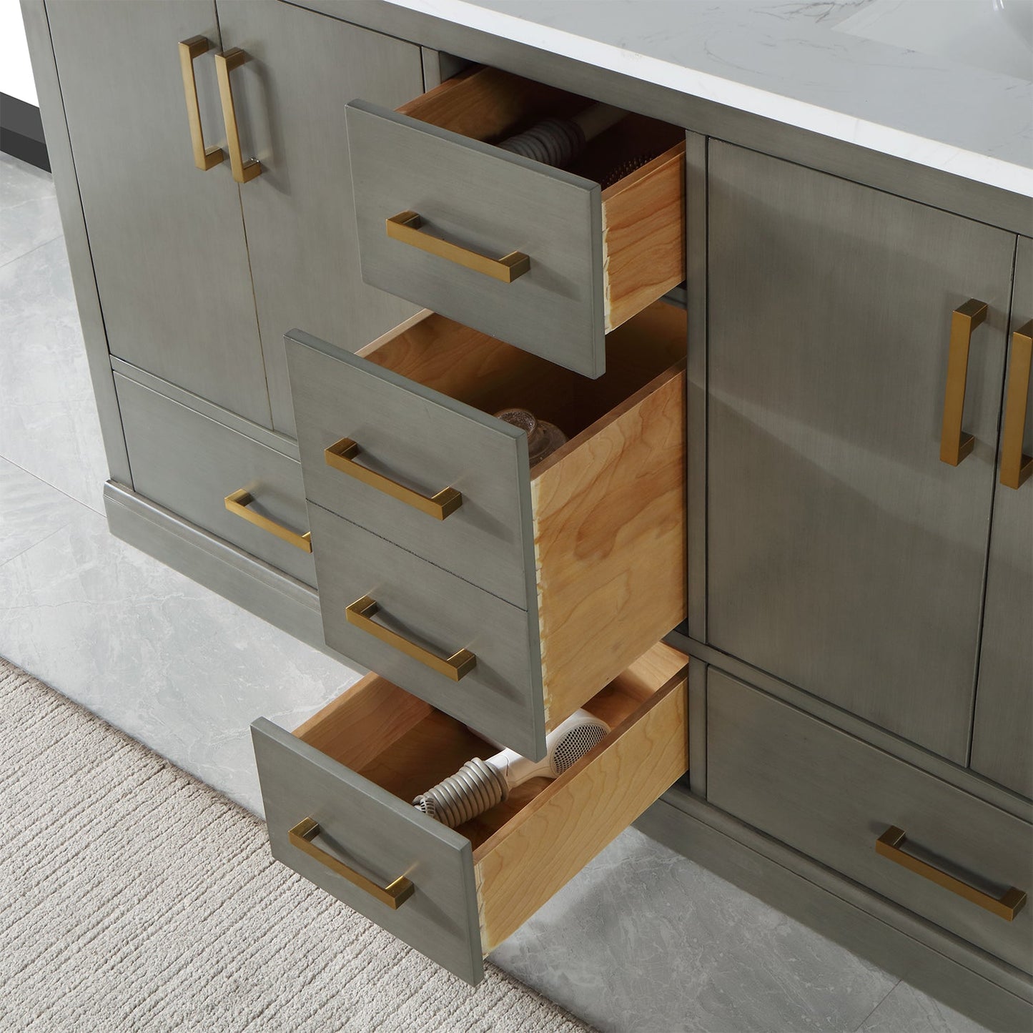 Monna 60" Double Bathroom Vanity Set in Gray Pine with Aosta White Engineered Stone Countertop without Mirror