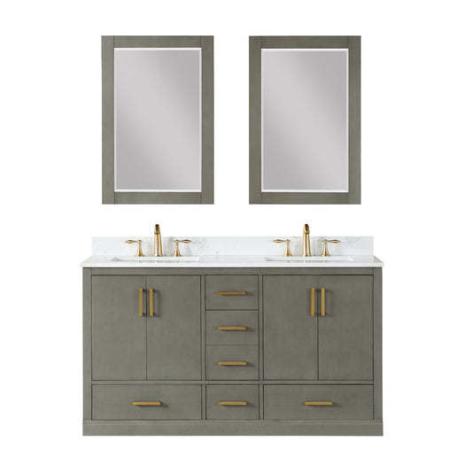 Monna 60" Double Bathroom Vanity Set in Gray Pine with Aosta White Engineered Stone Countertop with Mirror