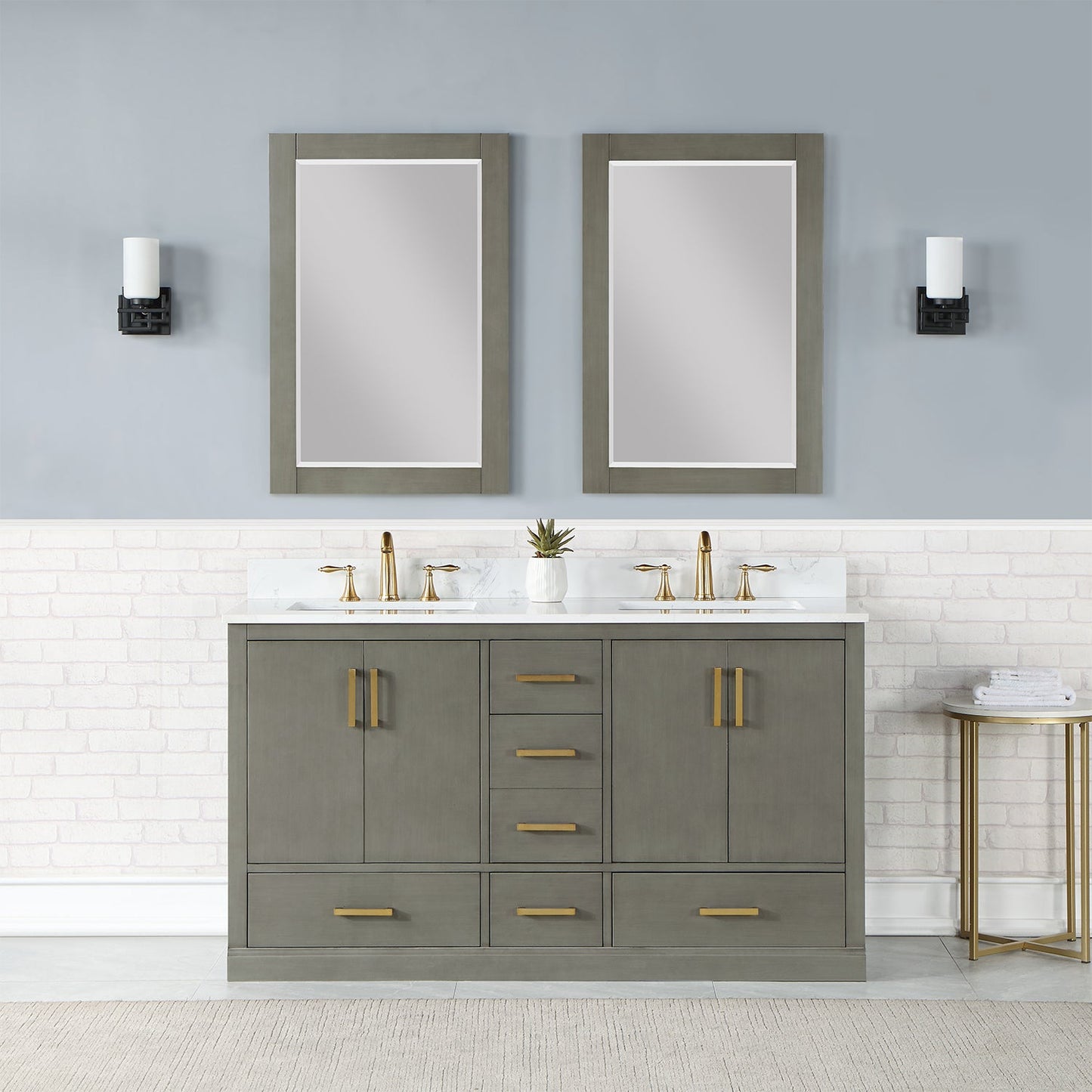 Monna 60" Double Bathroom Vanity Set in Gray Pine with Aosta White Engineered Stone Countertop with Mirror