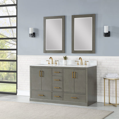 Monna 60" Double Bathroom Vanity Set in Gray Pine with Aosta White Engineered Stone Countertop with Mirror