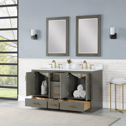 Monna 60" Double Bathroom Vanity Set in Gray Pine with Aosta White Engineered Stone Countertop with Mirror