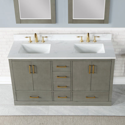 Monna 60" Double Bathroom Vanity Set in Gray Pine with Aosta White Engineered Stone Countertop with Mirror