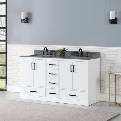 Monna 60" Double Bathroom Vanity Set in White with Concrete Grey Engineered Stone Countertop without Mirror
