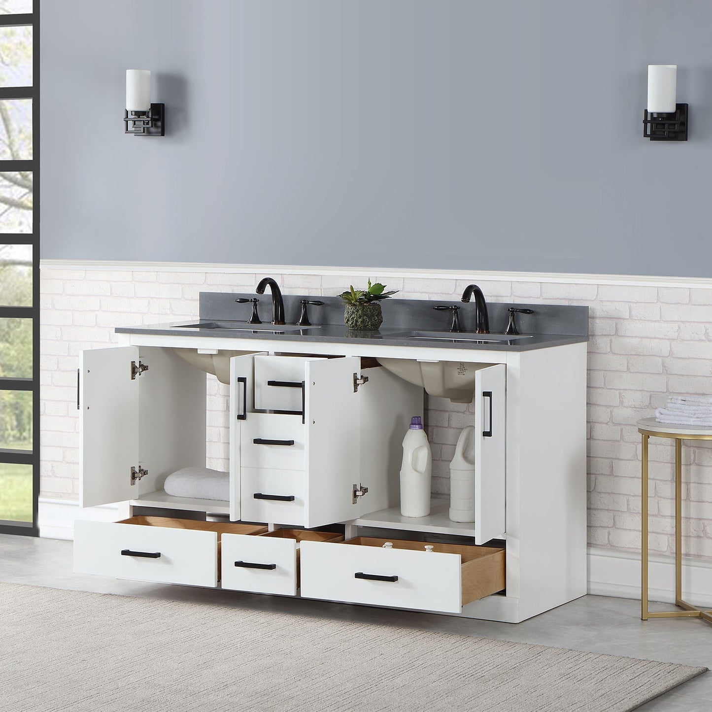 Monna 60" Double Bathroom Vanity Set in White with Concrete Grey Engineered Stone Countertop without Mirror