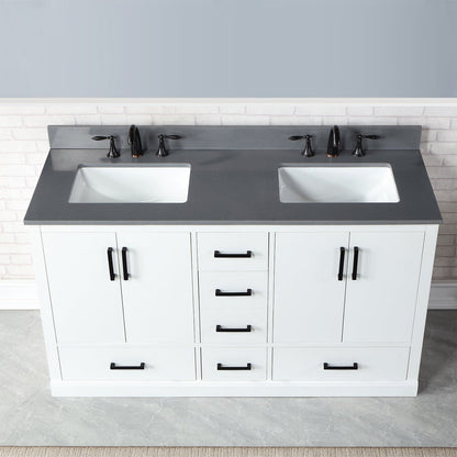 Monna 60" Double Bathroom Vanity Set in White with Concrete Grey Engineered Stone Countertop without Mirror