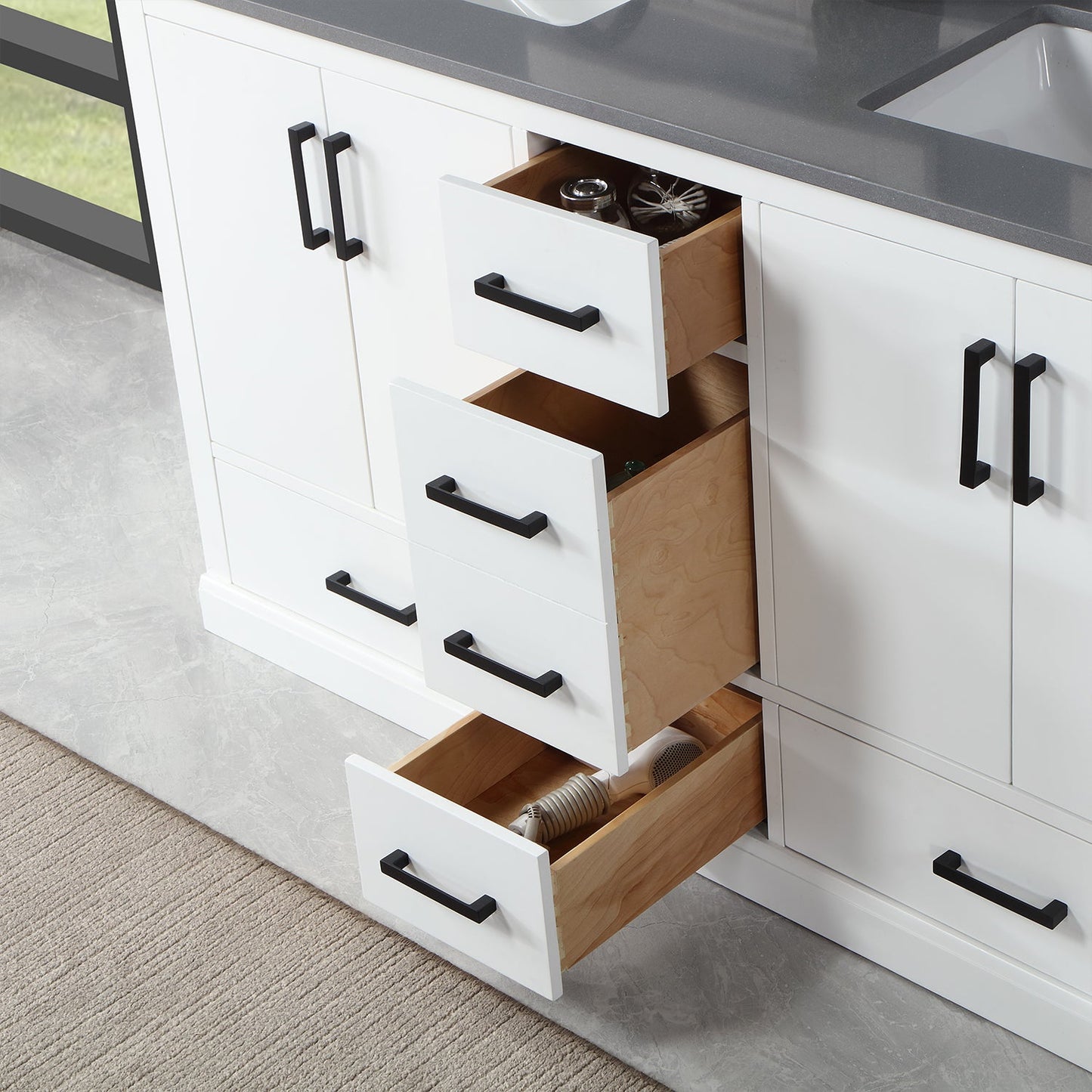 Monna 60" Double Bathroom Vanity Set in White with Concrete Grey Engineered Stone Countertop without Mirror