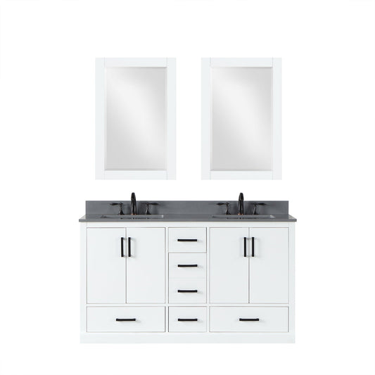 Monna 60" Double Bathroom Vanity Set in White with Concrete Grey Engineered Stone Countertop with Mirror