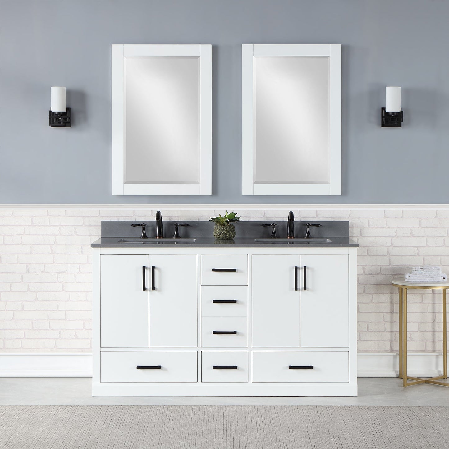 Monna 60" Double Bathroom Vanity Set in White with Concrete Grey Engineered Stone Countertop with Mirror