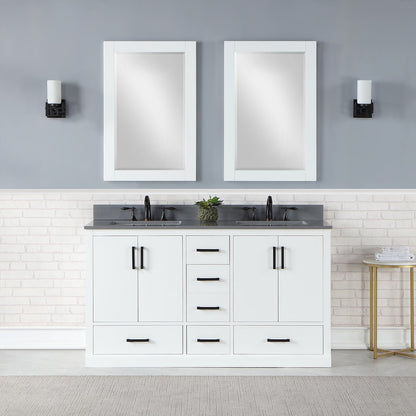 Monna 60" Double Bathroom Vanity Set in White with Concrete Grey Engineered Stone Countertop with Mirror