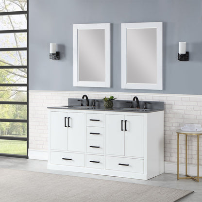 Monna 60" Double Bathroom Vanity Set in White with Concrete Grey Engineered Stone Countertop with Mirror