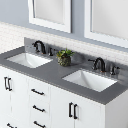 Monna 60" Double Bathroom Vanity Set in White with Concrete Grey Engineered Stone Countertop with Mirror