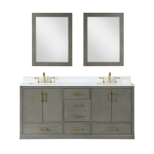 Monna 72" Double Bathroom Vanity Set in Gray Pine with Aosta White Engineered Stone Countertop with Mirror