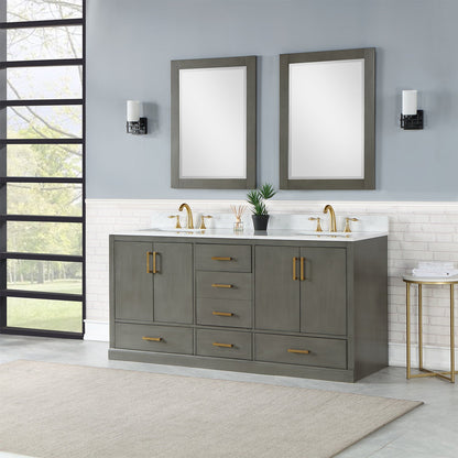 Monna 72" Double Bathroom Vanity Set in Gray Pine with Aosta White Engineered Stone Countertop with Mirror