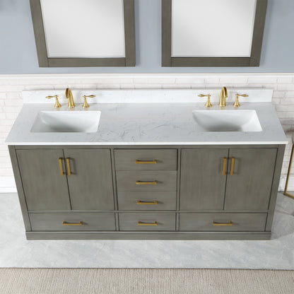 Monna 72" Double Bathroom Vanity Set in Gray Pine with Aosta White Engineered Stone Countertop with Mirror