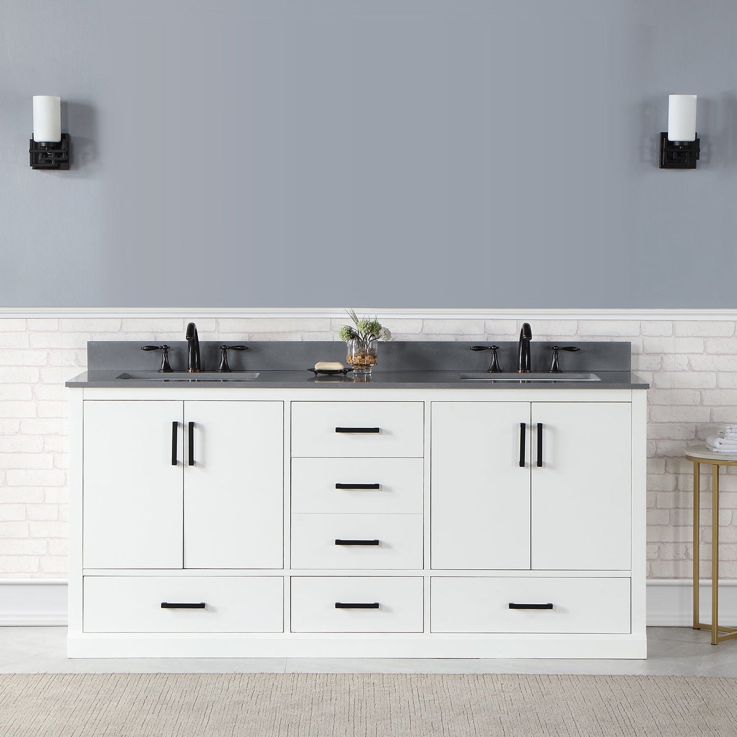 Monna 72" Double Bathroom Vanity Set in White with Concrete Grey Engineered Stone Countertop without Mirror