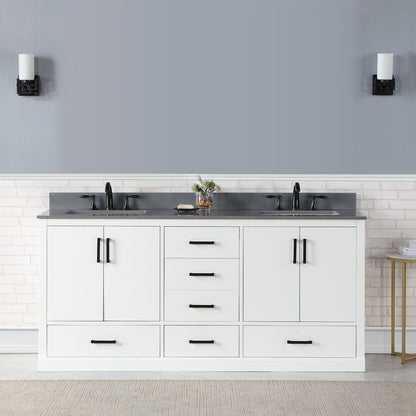 Monna 72" Double Bathroom Vanity Set in White with Concrete Grey Engineered Stone Countertop without Mirror