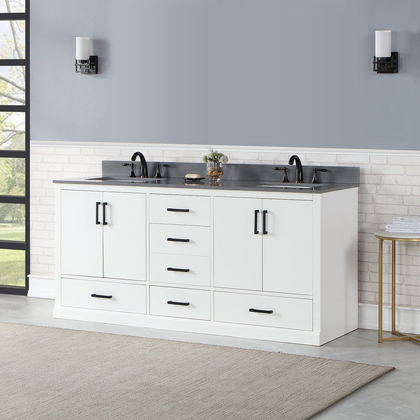 Monna 72" Double Bathroom Vanity Set in White with Concrete Grey Engineered Stone Countertop without Mirror