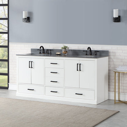 Monna 72" Double Bathroom Vanity Set in White with Concrete Grey Engineered Stone Countertop without Mirror