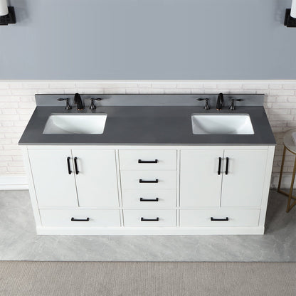 Monna 72" Double Bathroom Vanity Set in White with Concrete Grey Engineered Stone Countertop without Mirror
