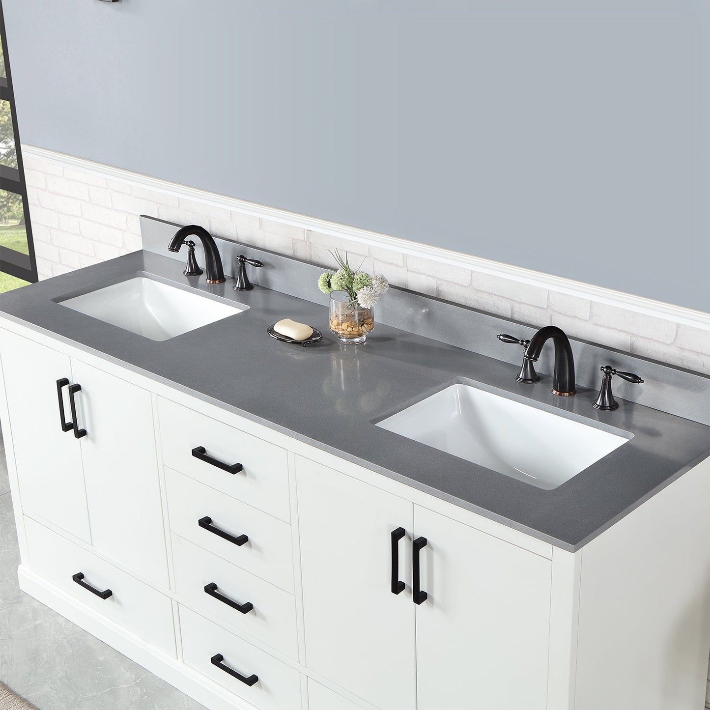 Monna 72" Double Bathroom Vanity Set in White with Concrete Grey Engineered Stone Countertop without Mirror