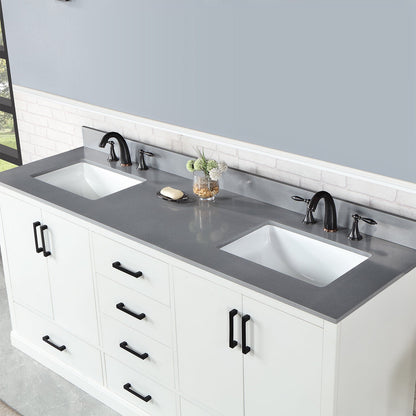 Monna 72" Double Bathroom Vanity Set in White with Concrete Grey Engineered Stone Countertop without Mirror