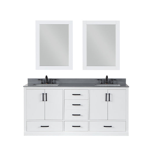 Monna 72" Double Bathroom Vanity Set in White with Concrete Grey Engineered Stone Countertop with Mirror