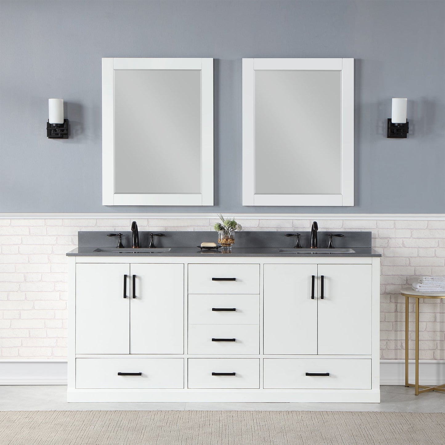 Monna 72" Double Bathroom Vanity Set in White with Concrete Grey Engineered Stone Countertop with Mirror