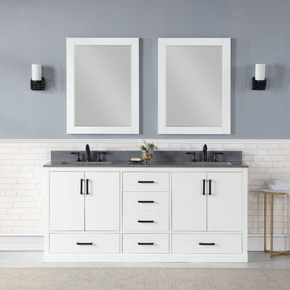 Monna 72" Double Bathroom Vanity Set in White with Concrete Grey Engineered Stone Countertop with Mirror