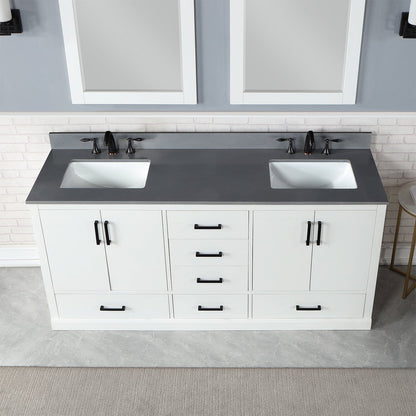 Monna 72" Double Bathroom Vanity Set in White with Concrete Grey Engineered Stone Countertop with Mirror
