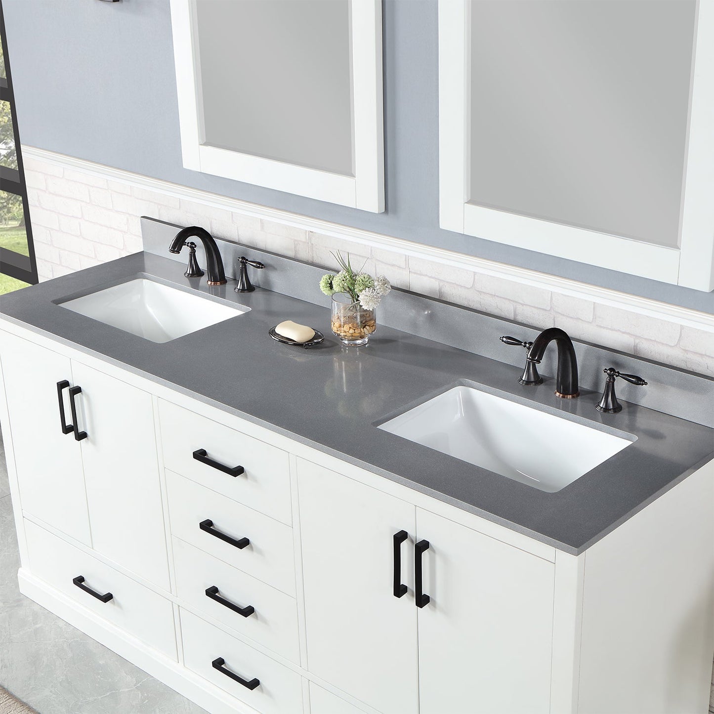 Monna 72" Double Bathroom Vanity Set in White with Concrete Grey Engineered Stone Countertop with Mirror