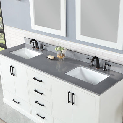 Monna 72" Double Bathroom Vanity Set in White with Concrete Grey Engineered Stone Countertop with Mirror