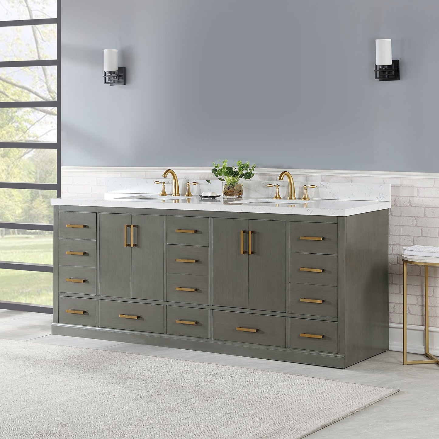 Monna 84" Double Bathroom Vanity Set in Gray Pine with Aosta White Engineered Stone Countertop without Mirror