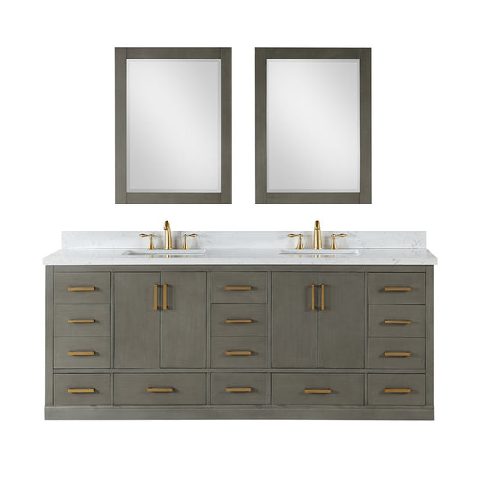 Monna 84" Double Bathroom Vanity Set in Gray Pine with Aosta White Engineered Stone Countertop with Mirror