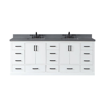 Monna 84" Double Bathroom Vanity Set in White with Concrete Grey Engineered Stone Countertop without Mirror