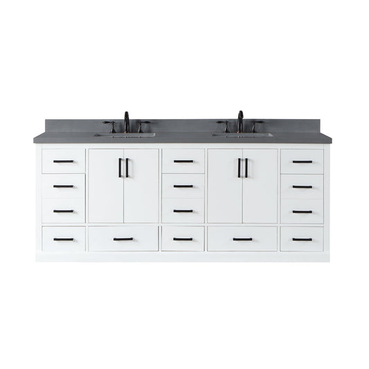Monna 84" Double Bathroom Vanity Set in White with Concrete Grey Engineered Stone Countertop without Mirror