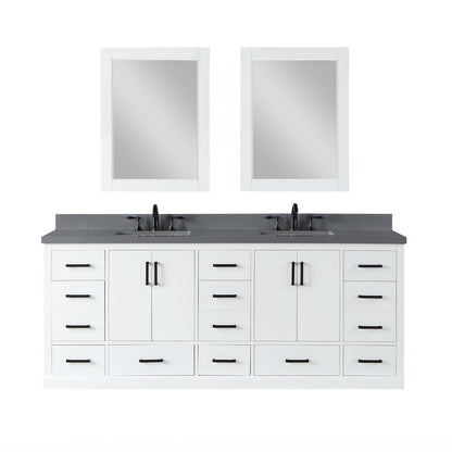 Monna 84" Double Bathroom Vanity Set in White with Concrete Grey Engineered Stone Countertop with Mirror