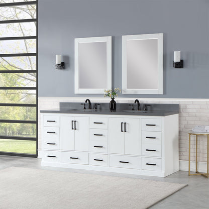 Monna 84" Double Bathroom Vanity Set in White with Concrete Grey Engineered Stone Countertop with Mirror