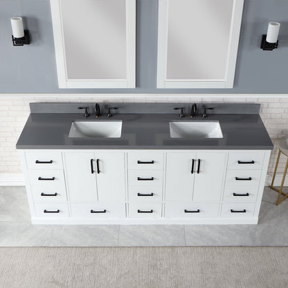 Monna 84" Double Bathroom Vanity Set in White with Concrete Grey Engineered Stone Countertop with Mirror