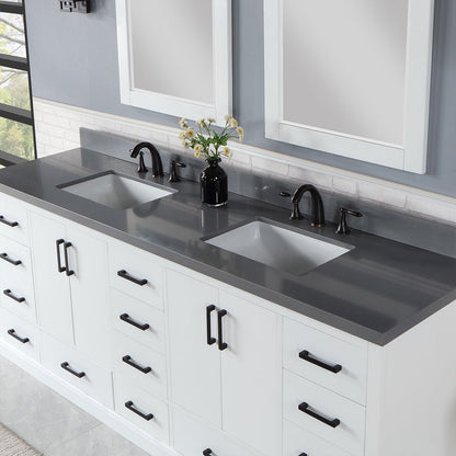Monna 84" Double Bathroom Vanity Set in White with Concrete Grey Engineered Stone Countertop with Mirror