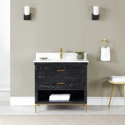 Kesia 36" Single Bathroom Vanity Set in Black Oak with Aosta White Engineered Stone Countertop without Mirror
