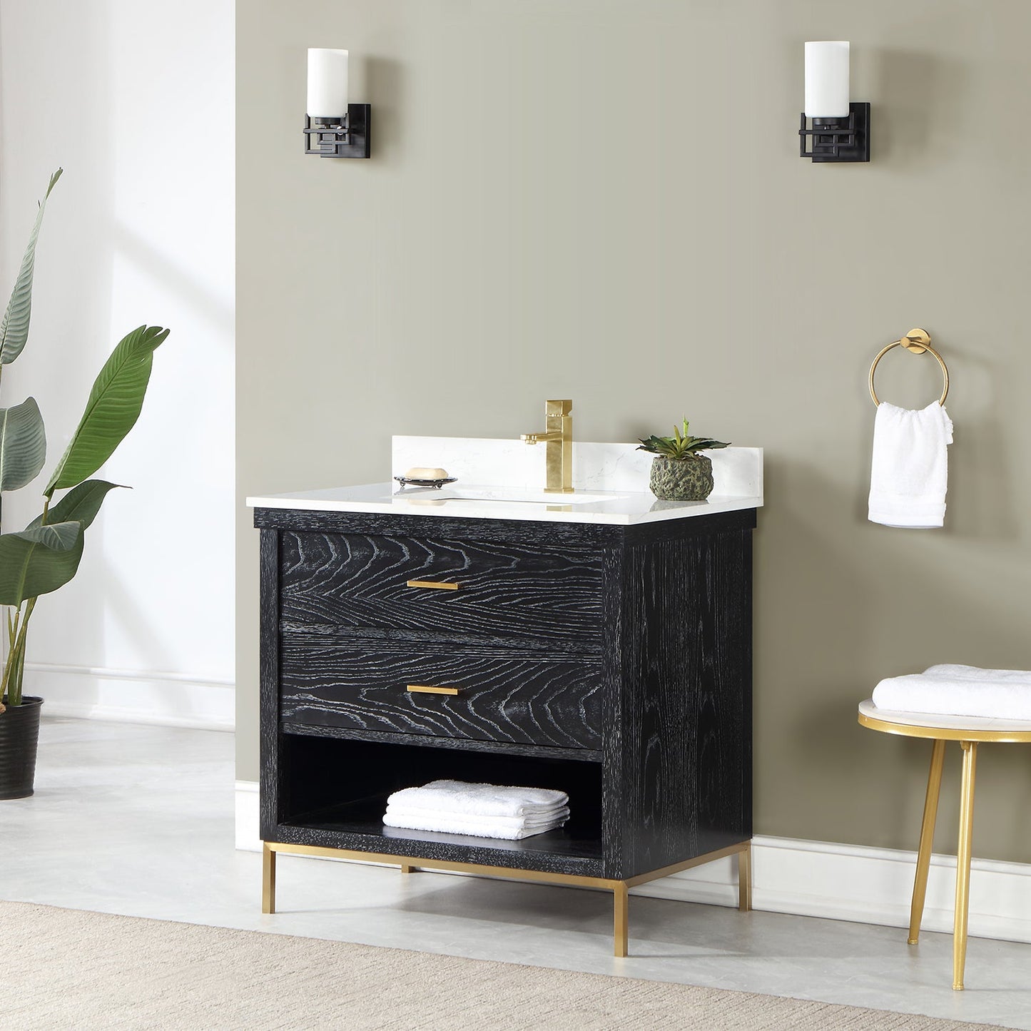 Kesia 36" Single Bathroom Vanity Set in Black Oak with Aosta White Engineered Stone Countertop without Mirror