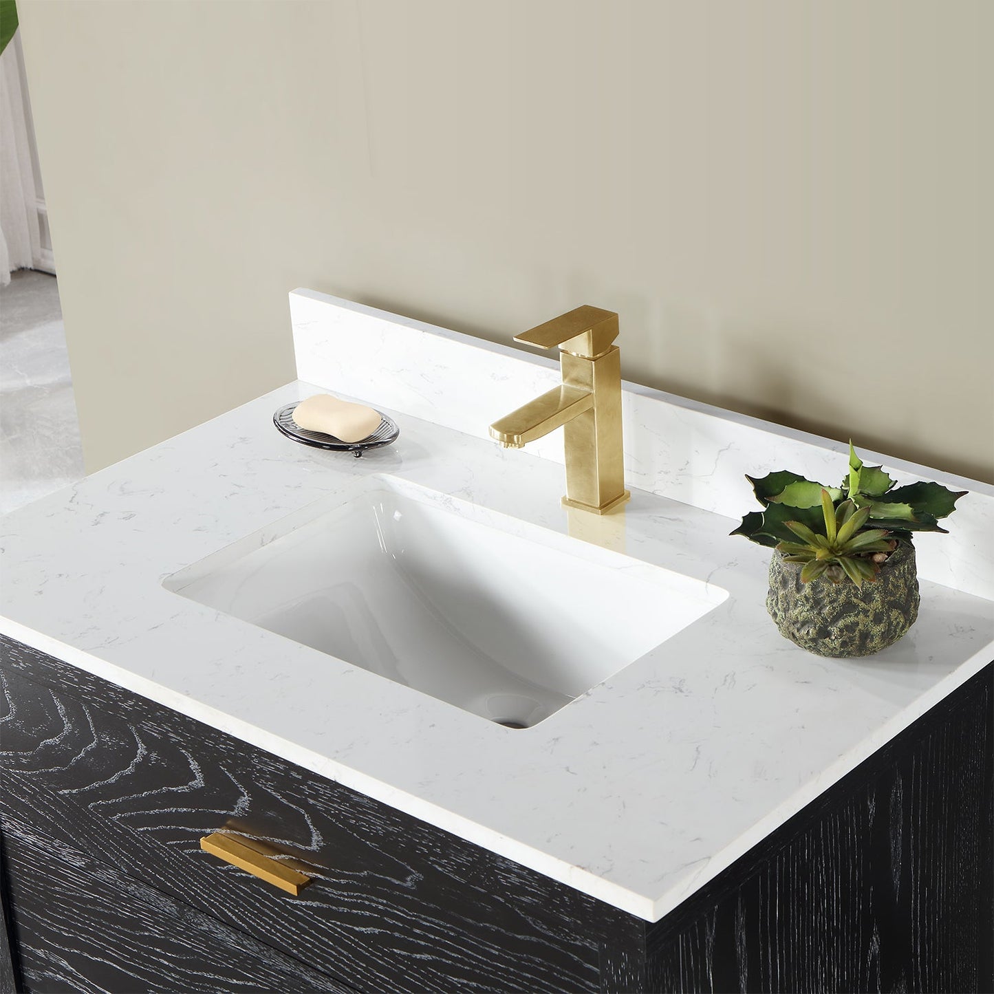 Kesia 36" Single Bathroom Vanity Set in Black Oak with Aosta White Engineered Stone Countertop without Mirror