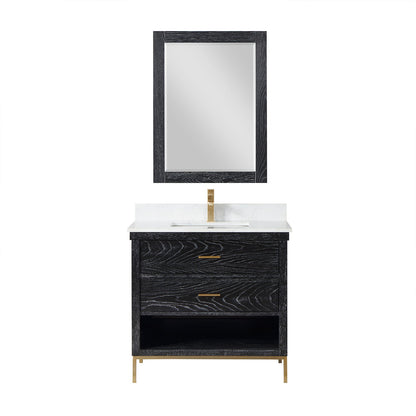Kesia 36" Single Bathroom Vanity Set in Black Oak with Aosta White Engineered Stone Countertop with Mirror