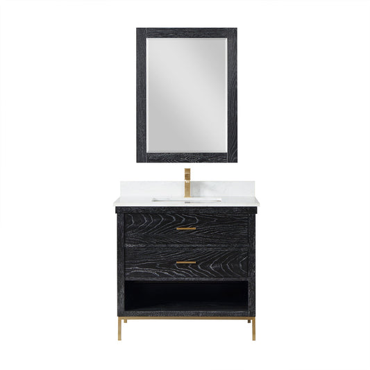 Kesia 36" Single Bathroom Vanity Set in Black Oak with Aosta White Engineered Stone Countertop with Mirror