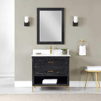 Kesia 36" Single Bathroom Vanity Set in Black Oak with Aosta White Engineered Stone Countertop with Mirror